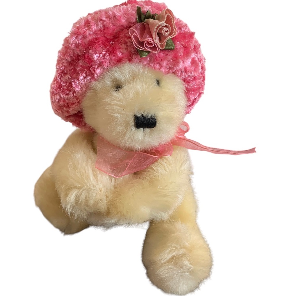 Dan Dee Plush Bear Pink Hat with Flowers & Pink Ribbon around Neck Praying Hands